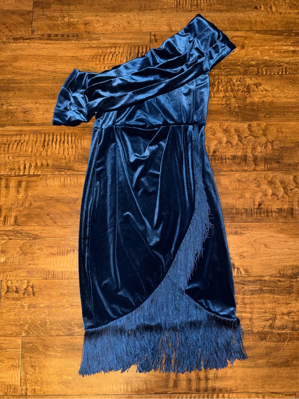 New York & Company Navy Asymmetrical Velvet Fringe Dress